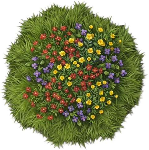 Image: A small cluster of colorful wildflowers (red, yell