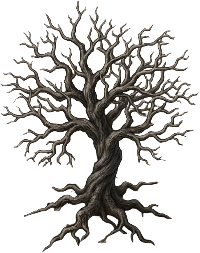 Image: A single leafless dead tree with twisted bare gray