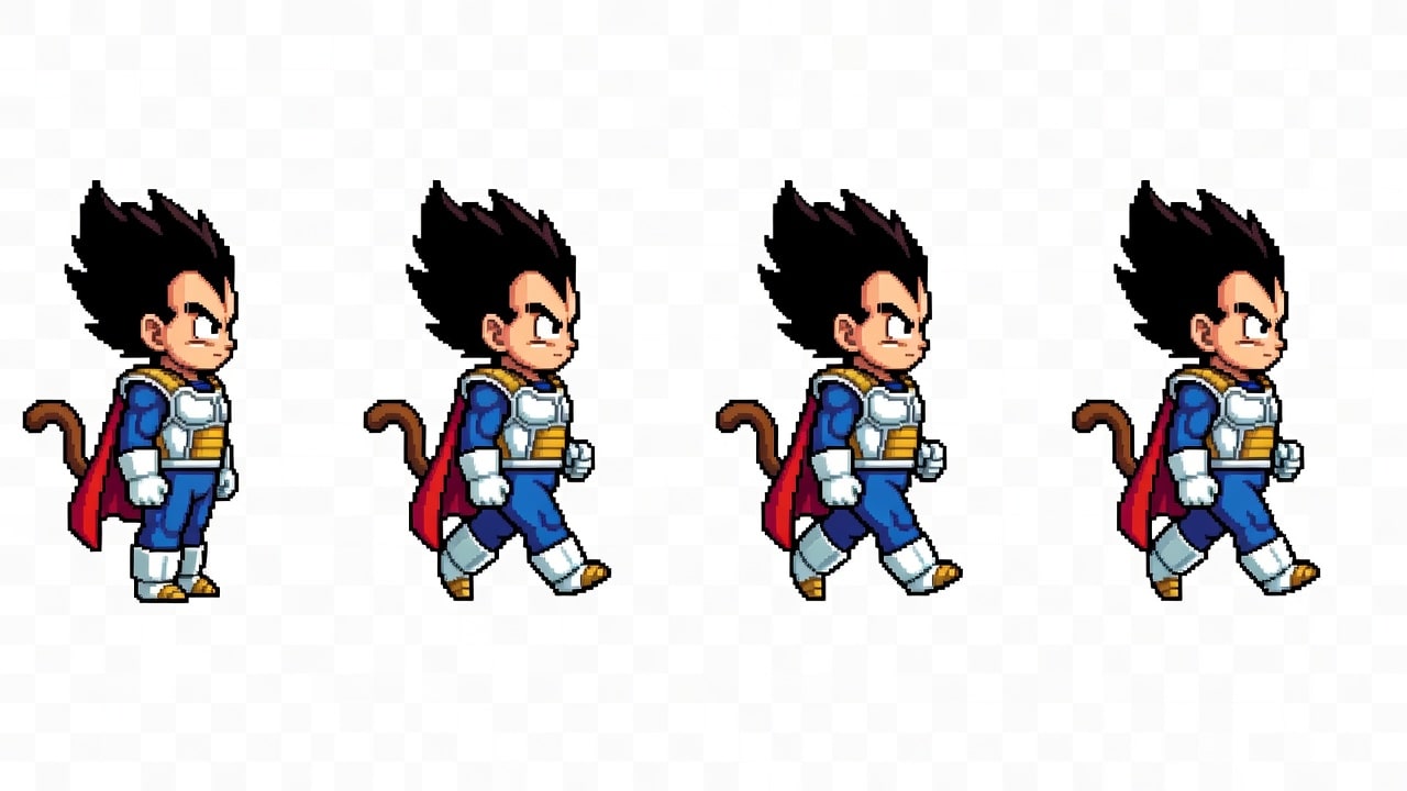 Vegeta SIDE walk strip (right-facing profile, 4 frames)