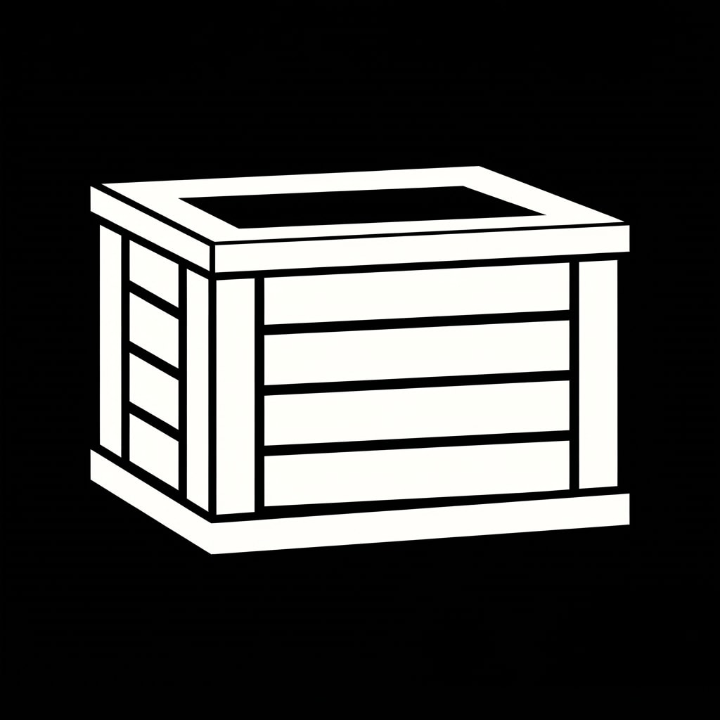 Image: a simple wooden crate with visible slats, flat sol