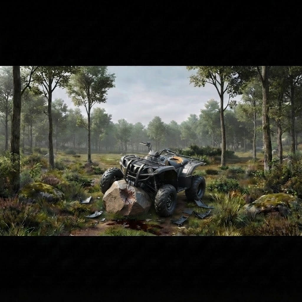 Image: A destroyed, crashed ATV wreck: violent head-on im