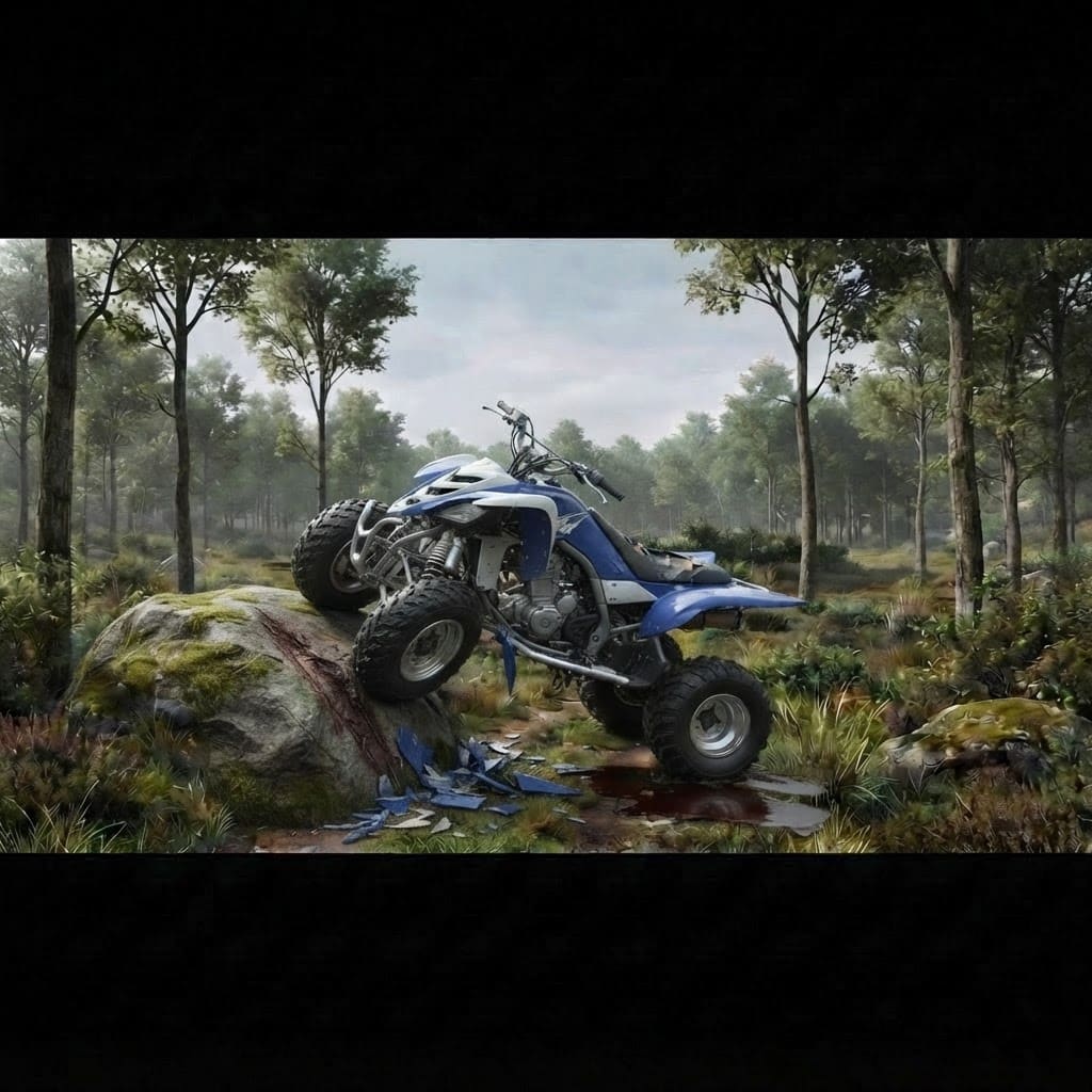 Image: A destroyed, crashed ATV wreck: violent head-on im