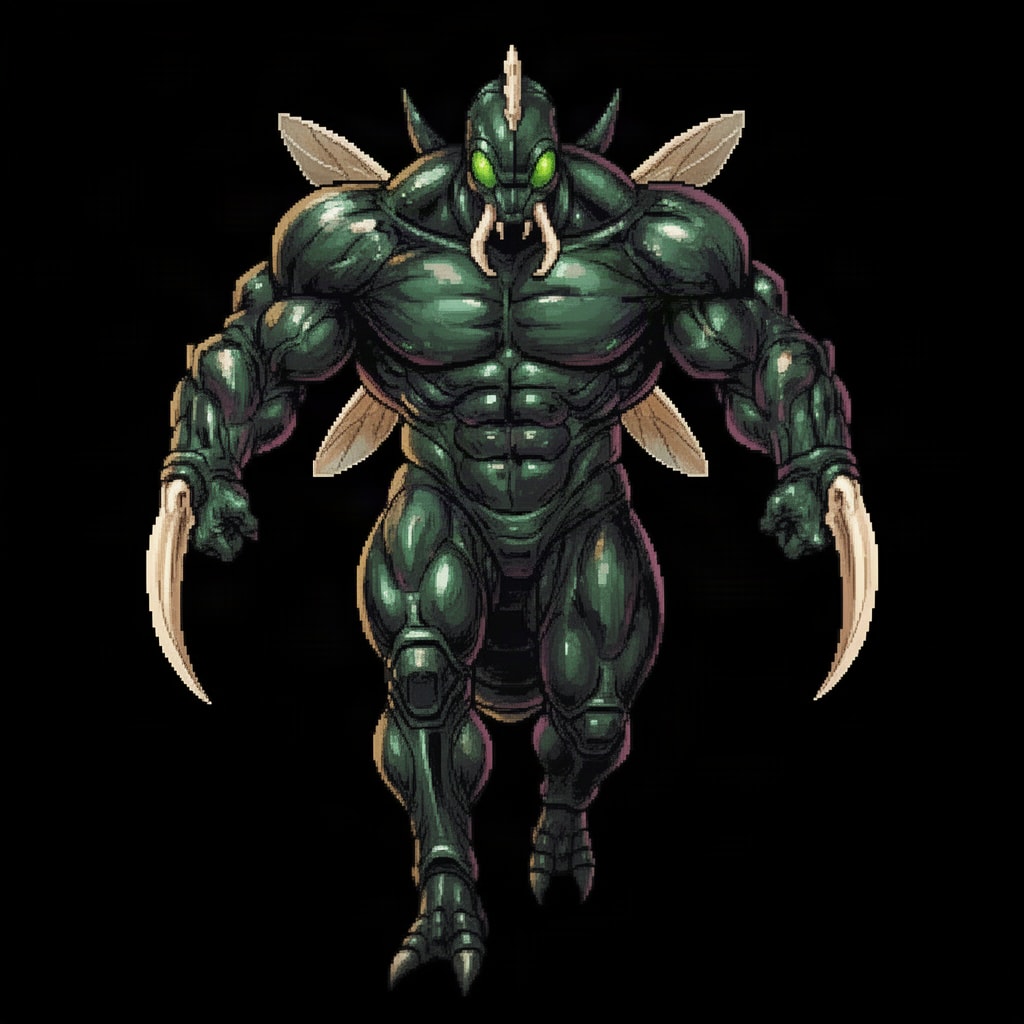 Image: STRICT ORTHOGRAPHIC FRONT VIEW pixel-art game spri