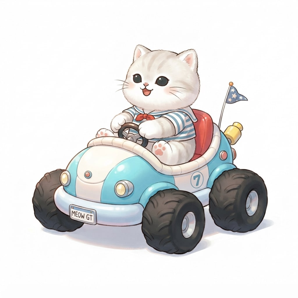 Image: chubby round-faced Mofusand-style plush cat drivin