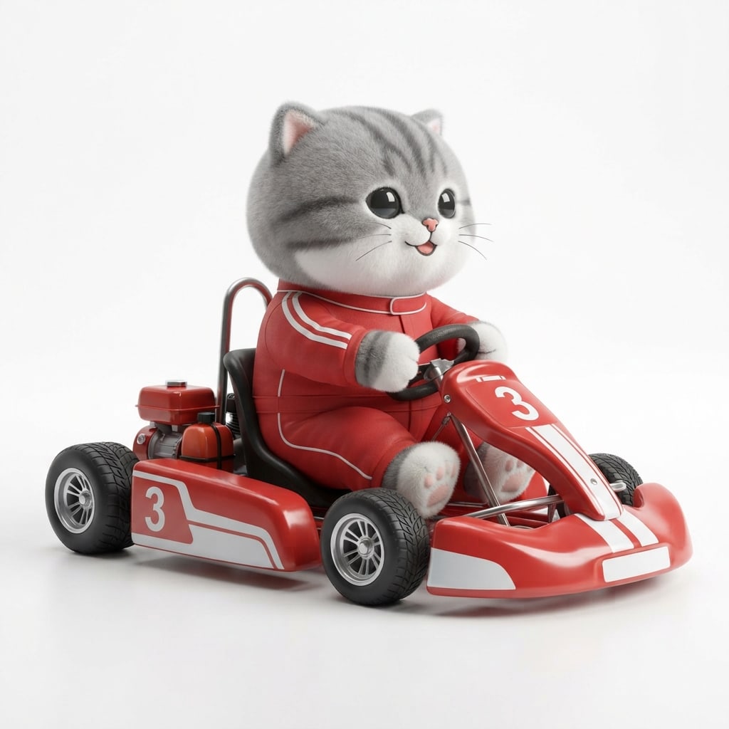 Image: chubby Mofusand-style plush cat with very large ov