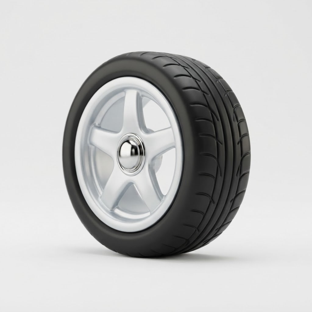 Image: A single cartoon toy go-kart wheel, standing uprig