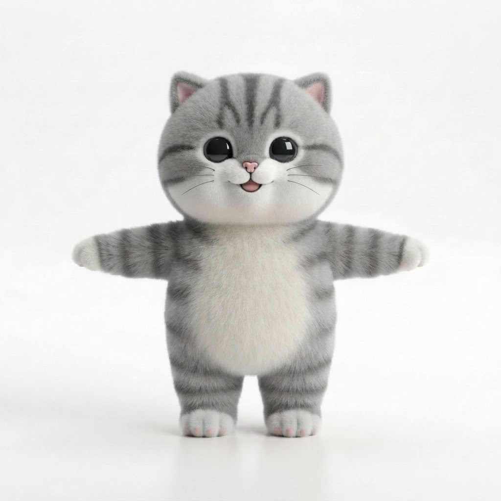 Image: The exact same grey tabby plush cat character in t