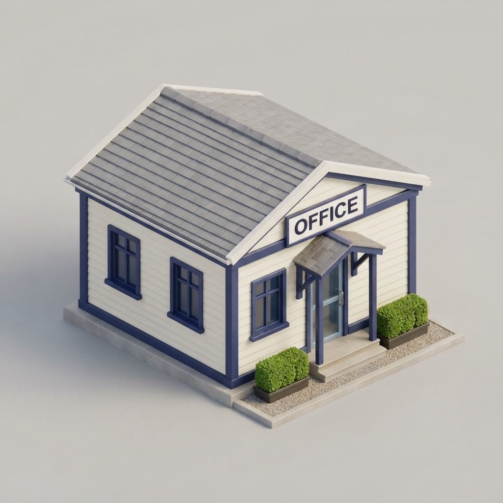 Image: 3D render, isometric 3/4 view, a small single-stor