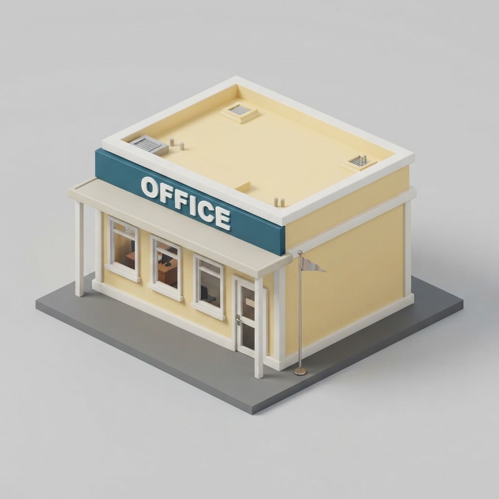 Image: 3D render, isometric 3/4 view, a small single-stor