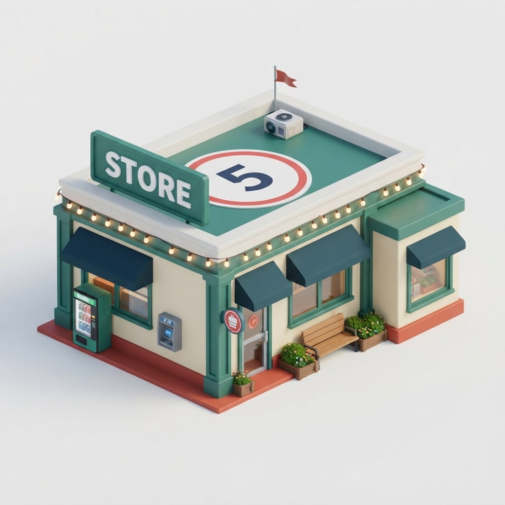 Image: A small single-story convenience store building fo
