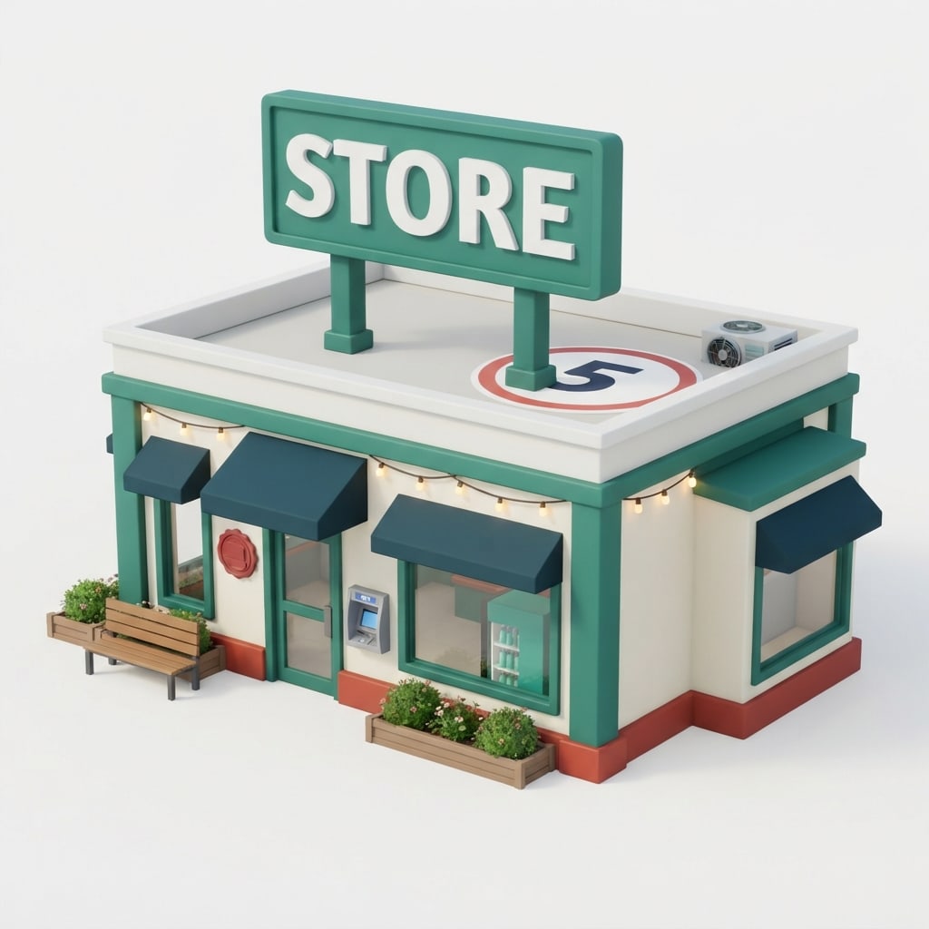 Image: A small single-story convenience store building fo