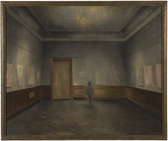 painting_strange.png - framed stage-less gallery room painting with one distant figure