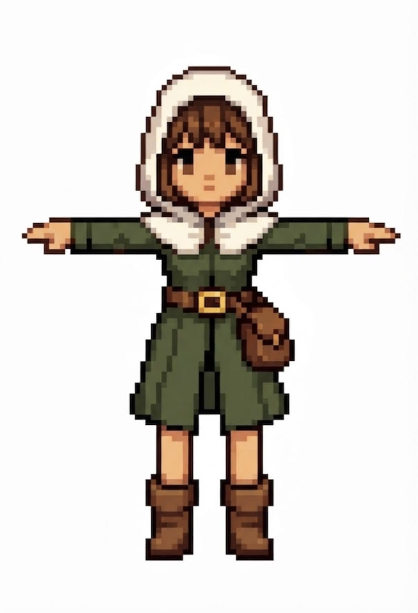 Stylized low-poly 3D game character: a small, slight young girl about 9 years old, storybook hand-painted flat-shaded aesthetic, chunky simple faceted low-poly