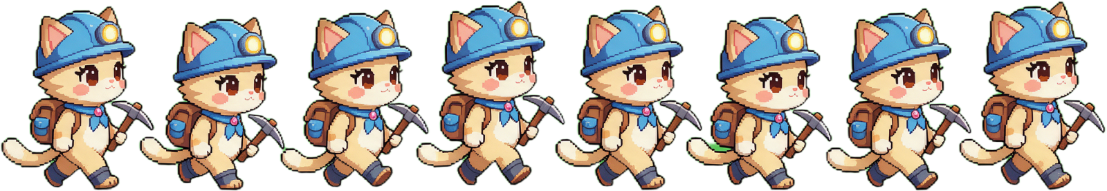 Michelle Miner Cat Walk Cycle Sheet (isometric, 8 frames)
