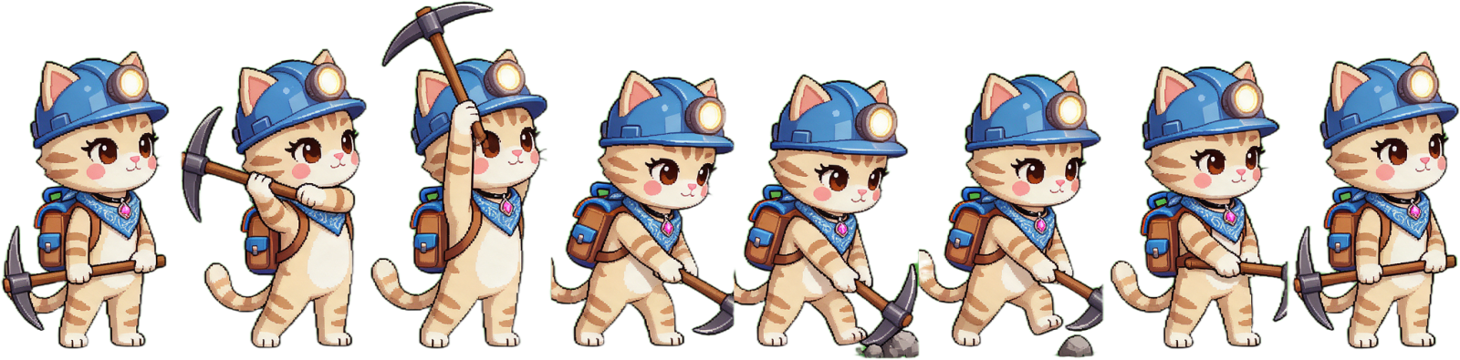 Michelle Miner Cat Mine Swing Sheet (isometric, 8 frames)