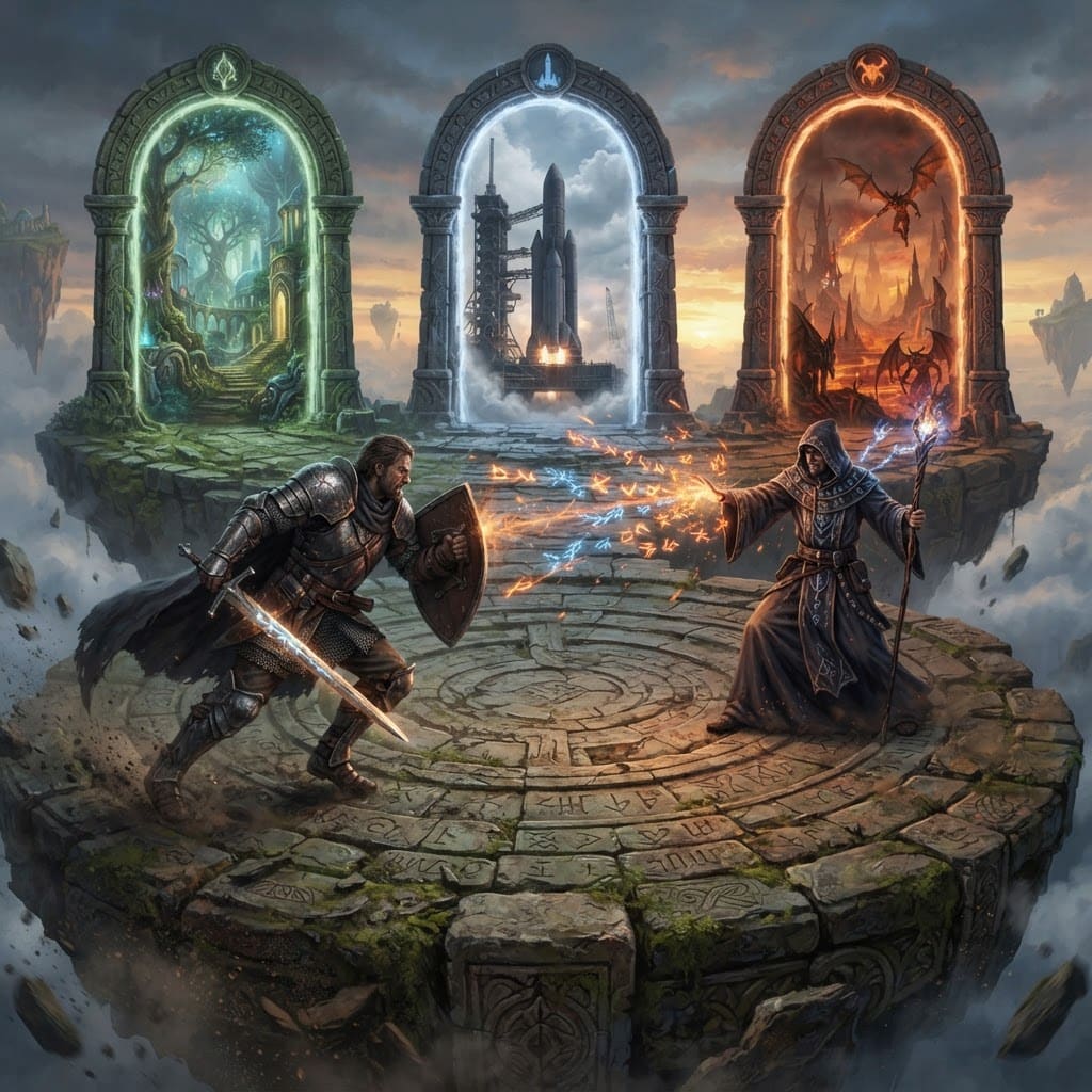 Image: Two duelists face off on an ancient floating stone