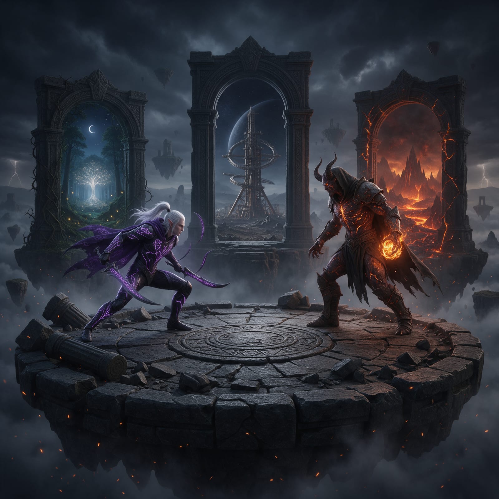 Image: Cinematic side-view key art of a 1v1 duel on an an