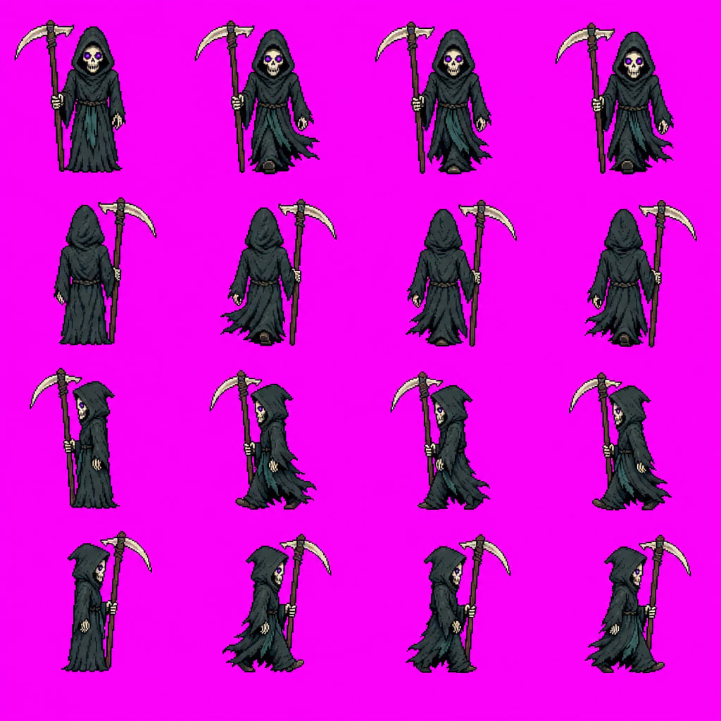 Reaper top-down 4x4 keyed sheet (idle + walk)