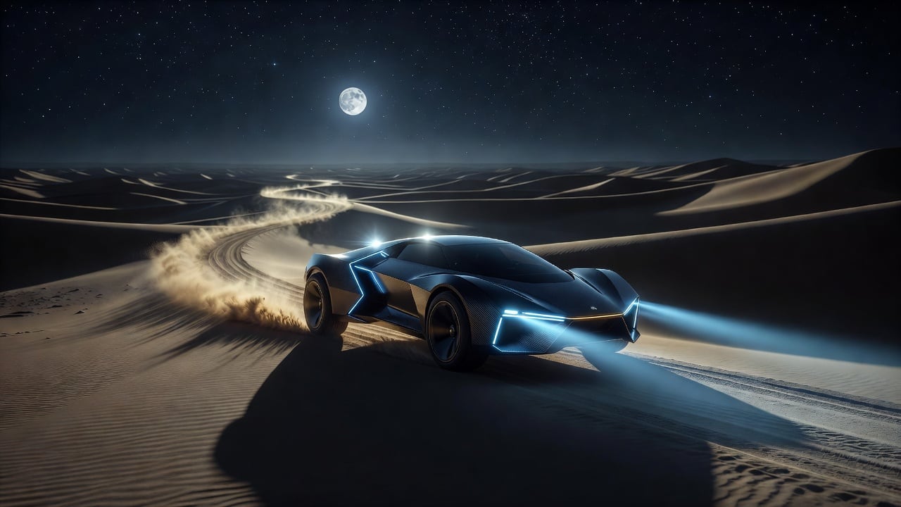 Moonlit Futuristic Concept EV - Endless Sand Dunes