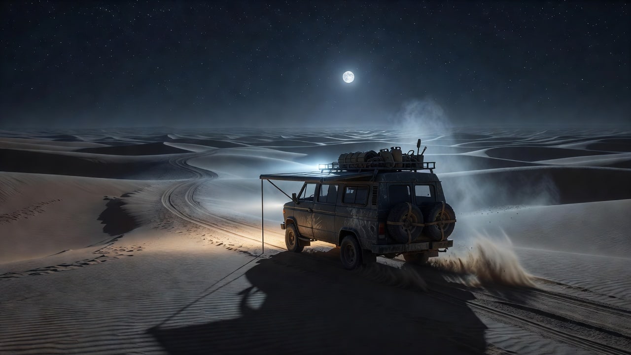Moonlit Expedition Camper Van - Endless Sand Dunes
