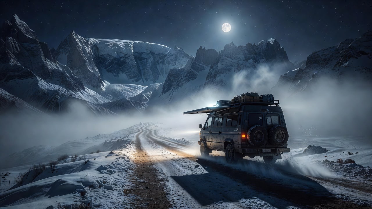 Moonlit Expedition Camper Van - Snowy Alpine Pass