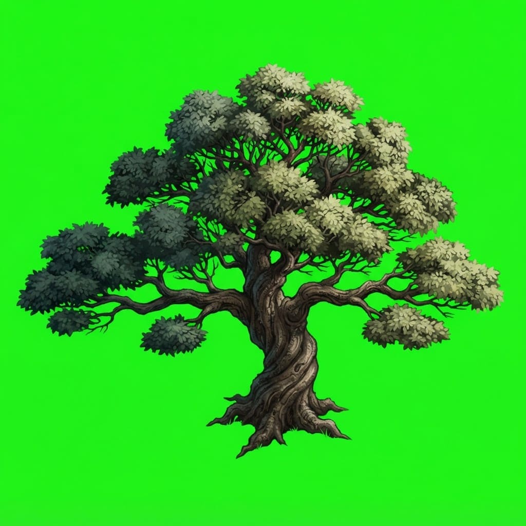 Image: A single large old oak tree with a wide spreading