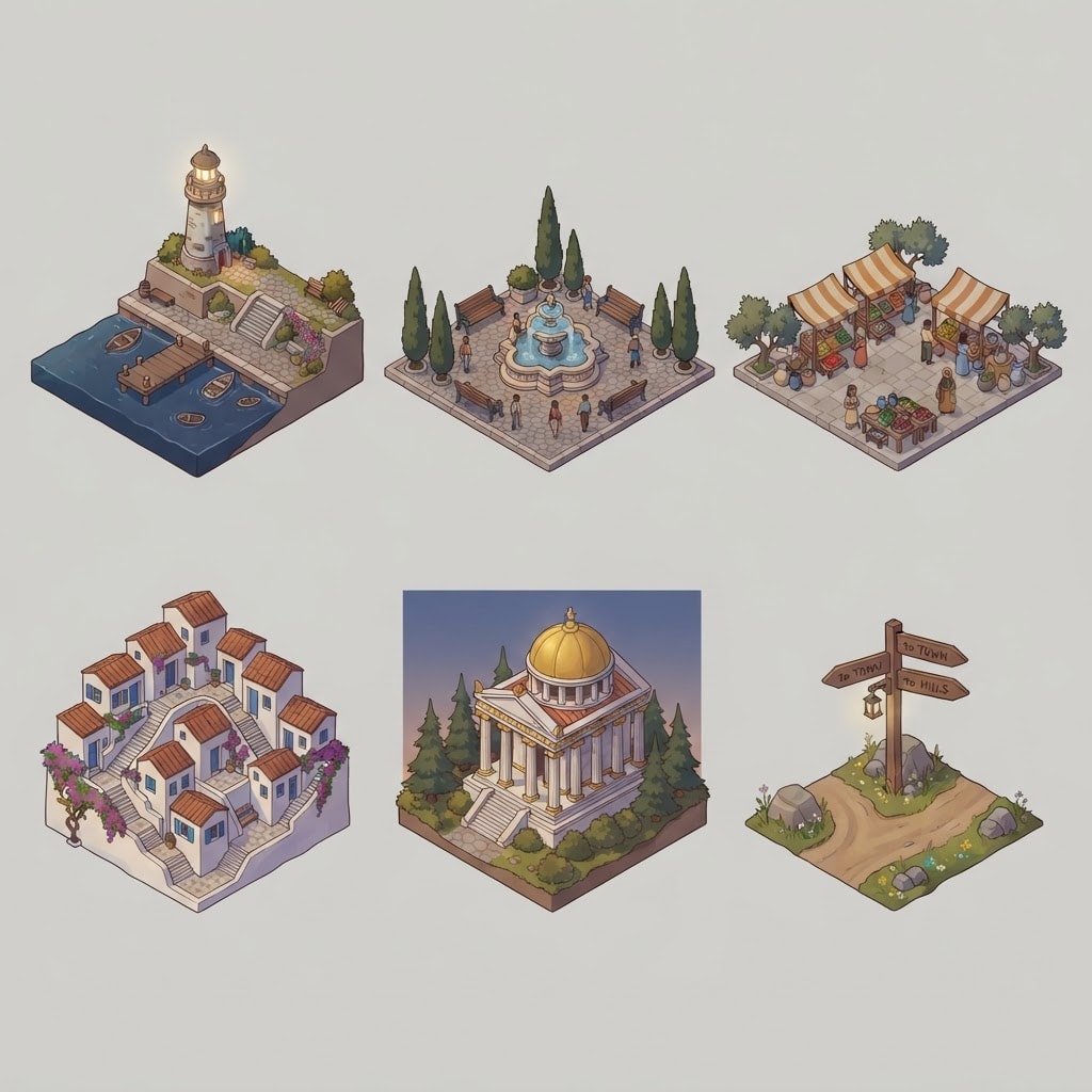 Image: Game asset sheet: 6 separate small isometric landm