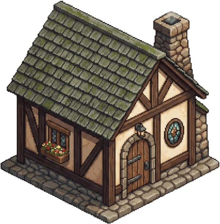 Image: A small medieval cottage house, isometric pixel ar