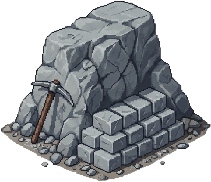Image: A small stone quarry outcrop, isometric pixel art 