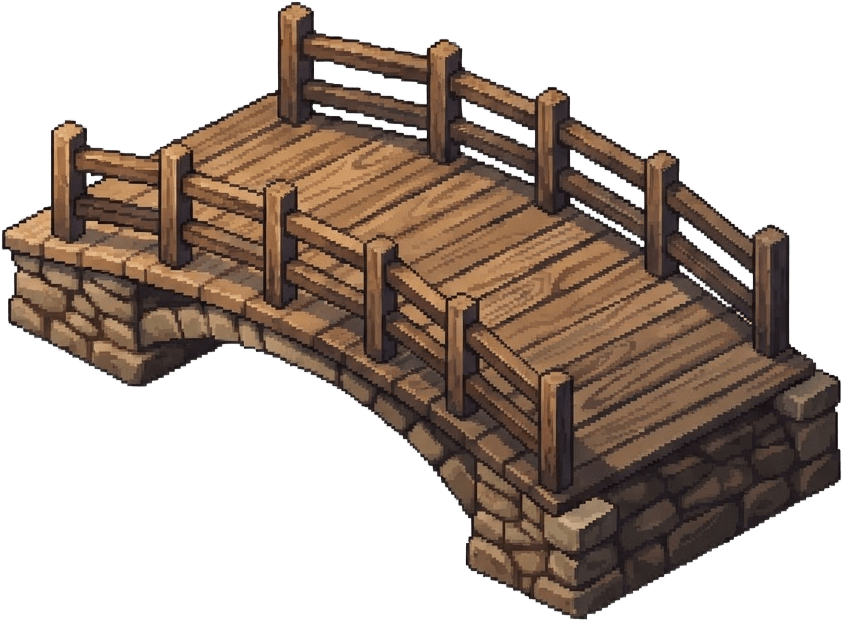 Image: A small stone and wood arched footbridge crossing 