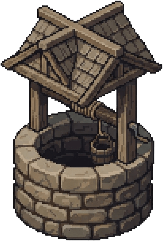 Image: A small stone well with a peaked wooden roof, isom