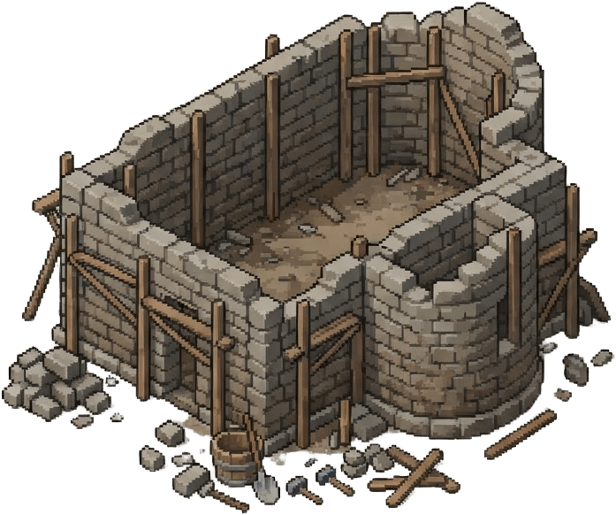 Image: A medieval church under construction, isometric pi