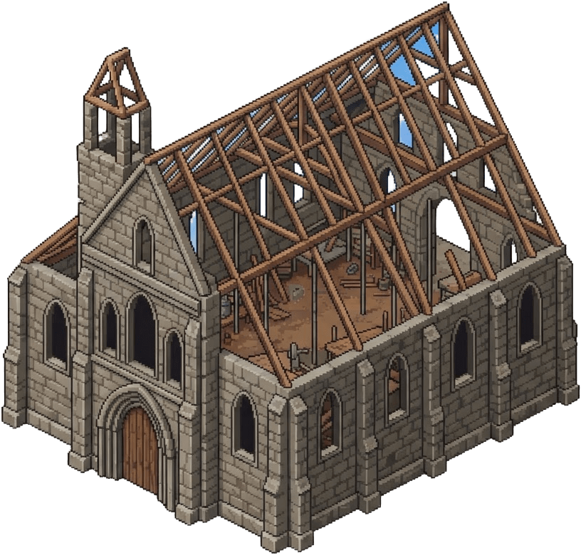 Image: A medieval church under construction, isometric pi