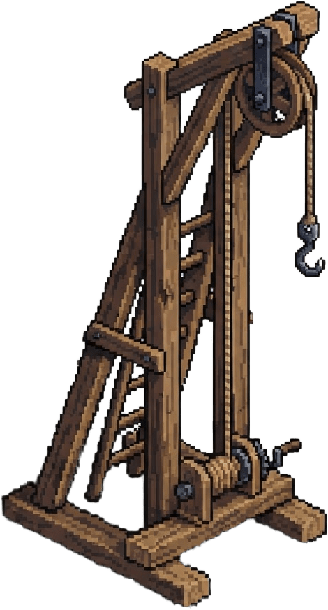 Image: A wooden construction hoist crane, isometric pixel