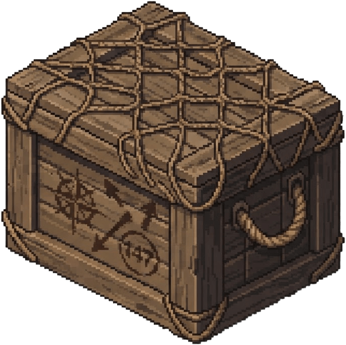Image: A closed wooden shipping crate with rope netting a