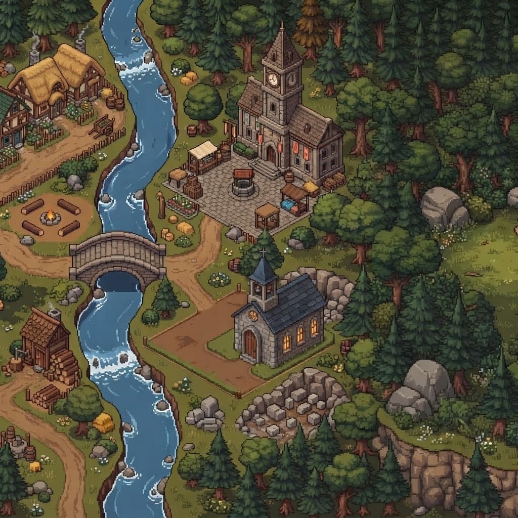 Image: Edit this pixel art village scene. On the empty sq
