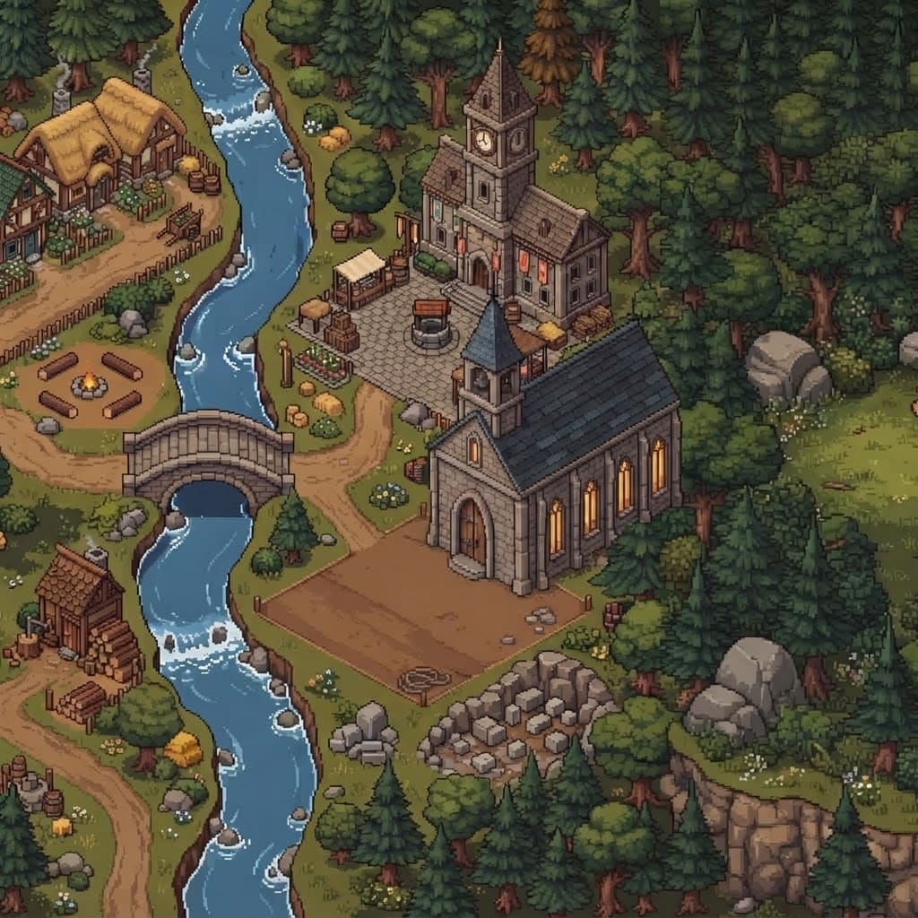 Image: Edit this pixel art village scene. On the empty sq