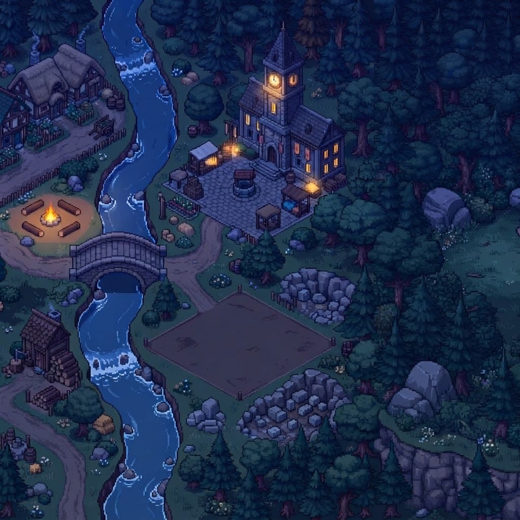 Image: Relight this exact pixel art village scene as a da