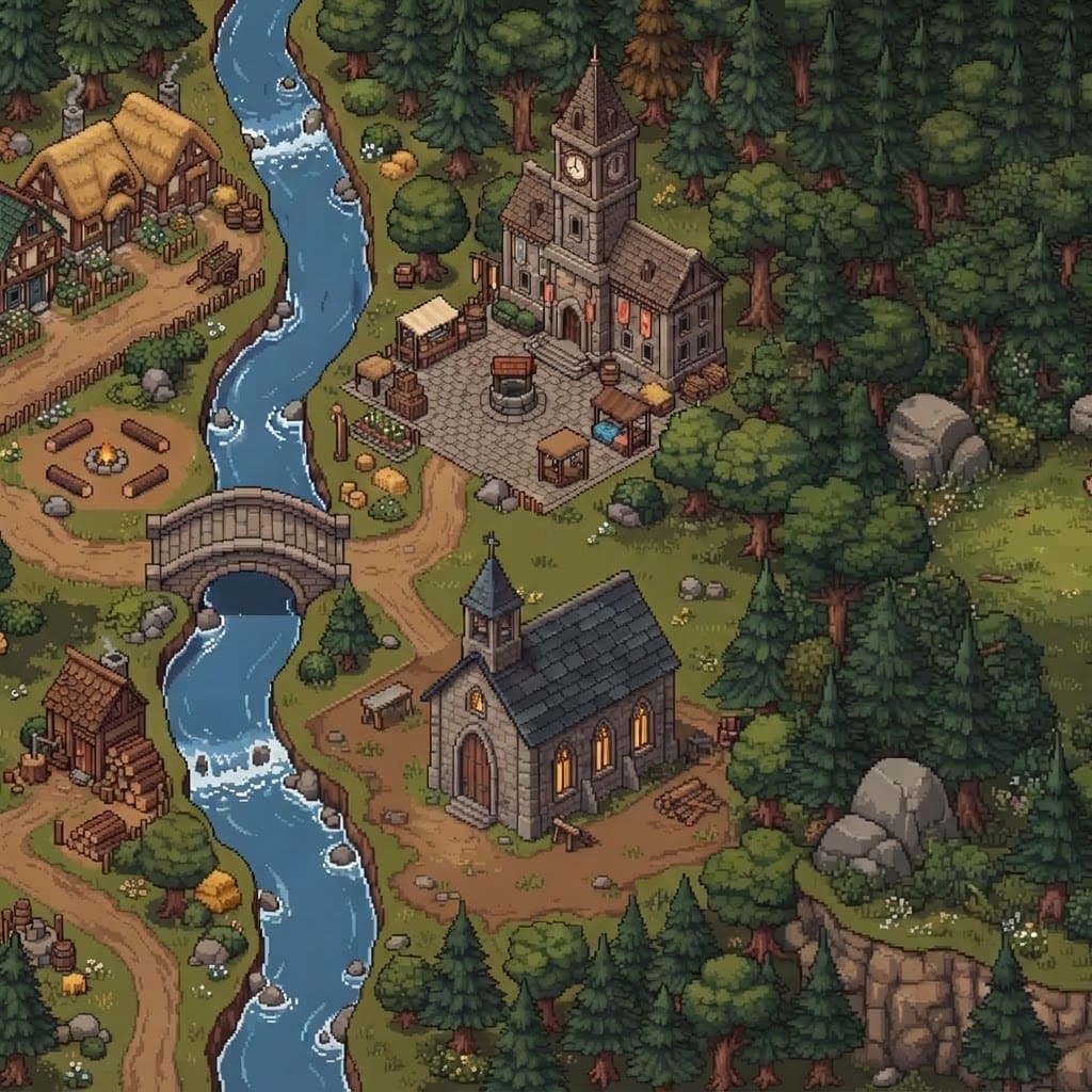Image: Edit this pixel art village scene. Replace the fla