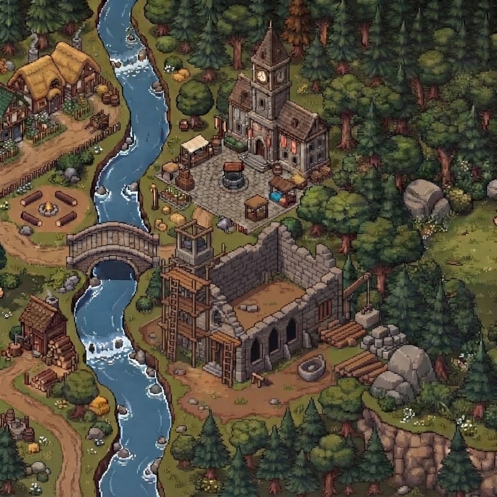 Image: Edit this pixel art village scene. Take the church