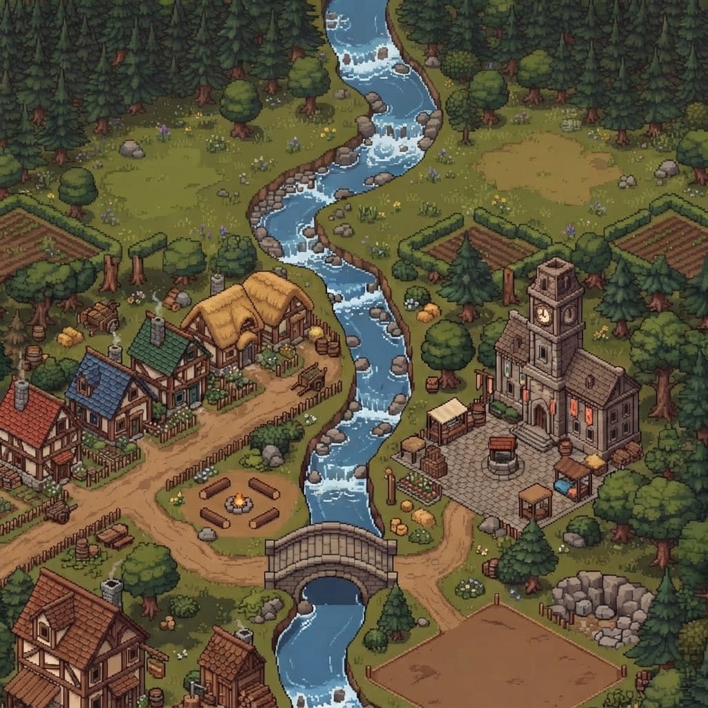 Image: Outpaint: this is part of a pixel art medieval vil