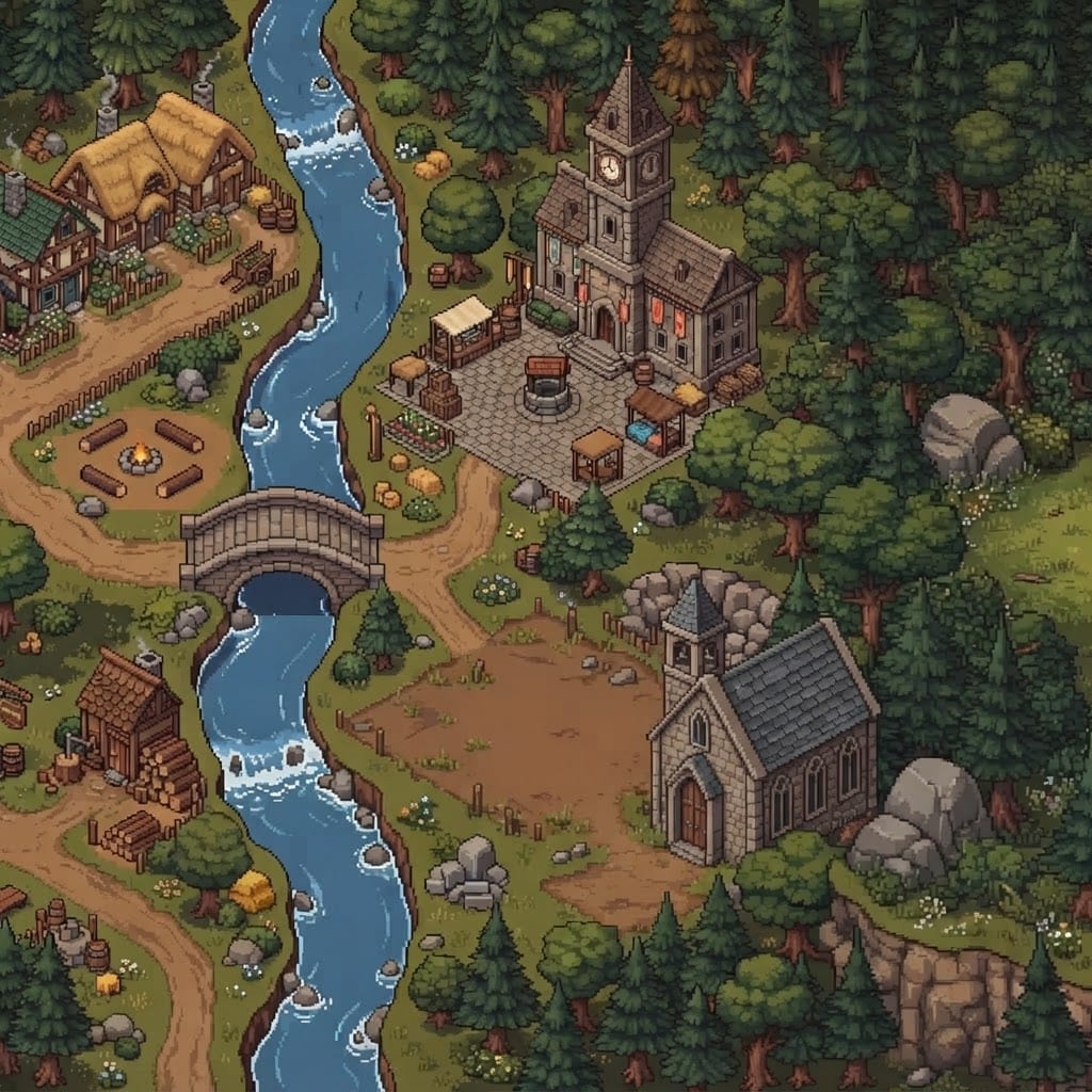 Image: Edit this pixel-art isometric village image. Keep