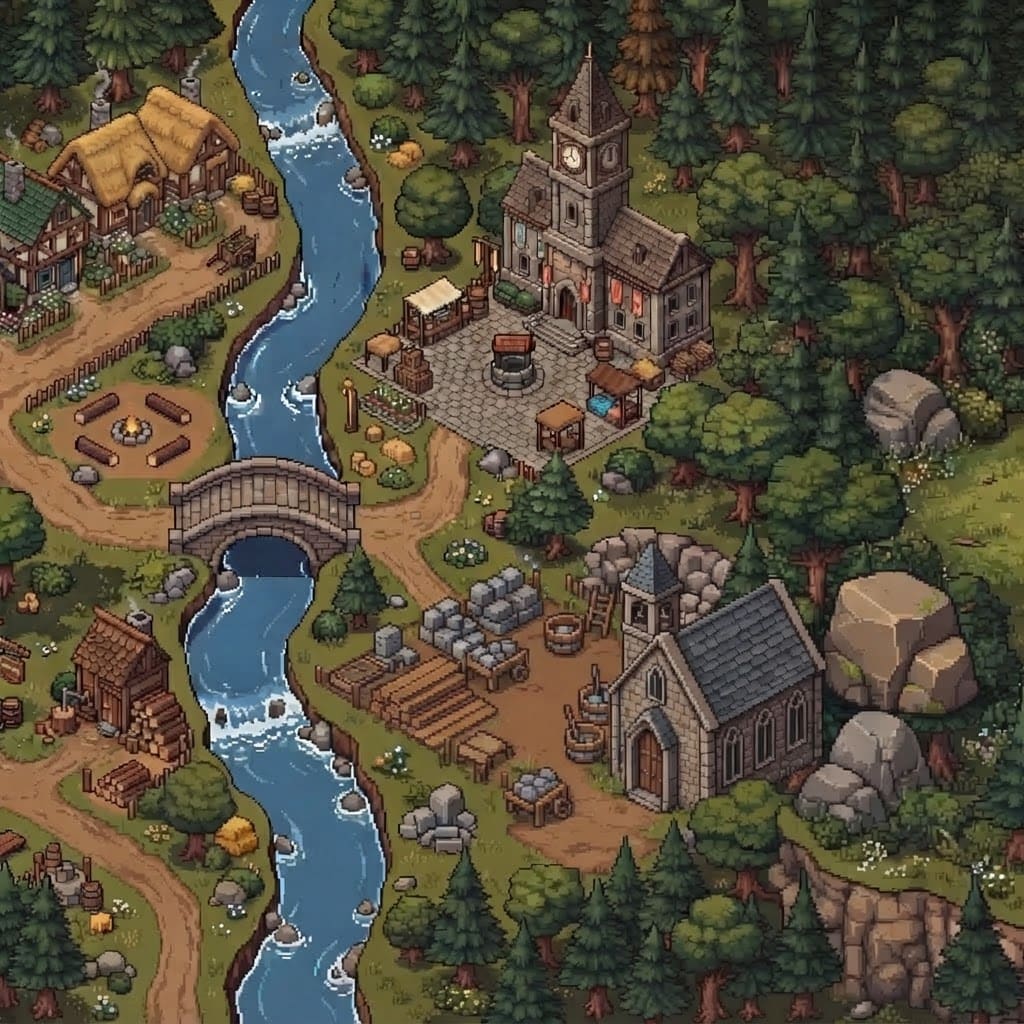 Image: Edit this pixel-art isometric village image. Keep