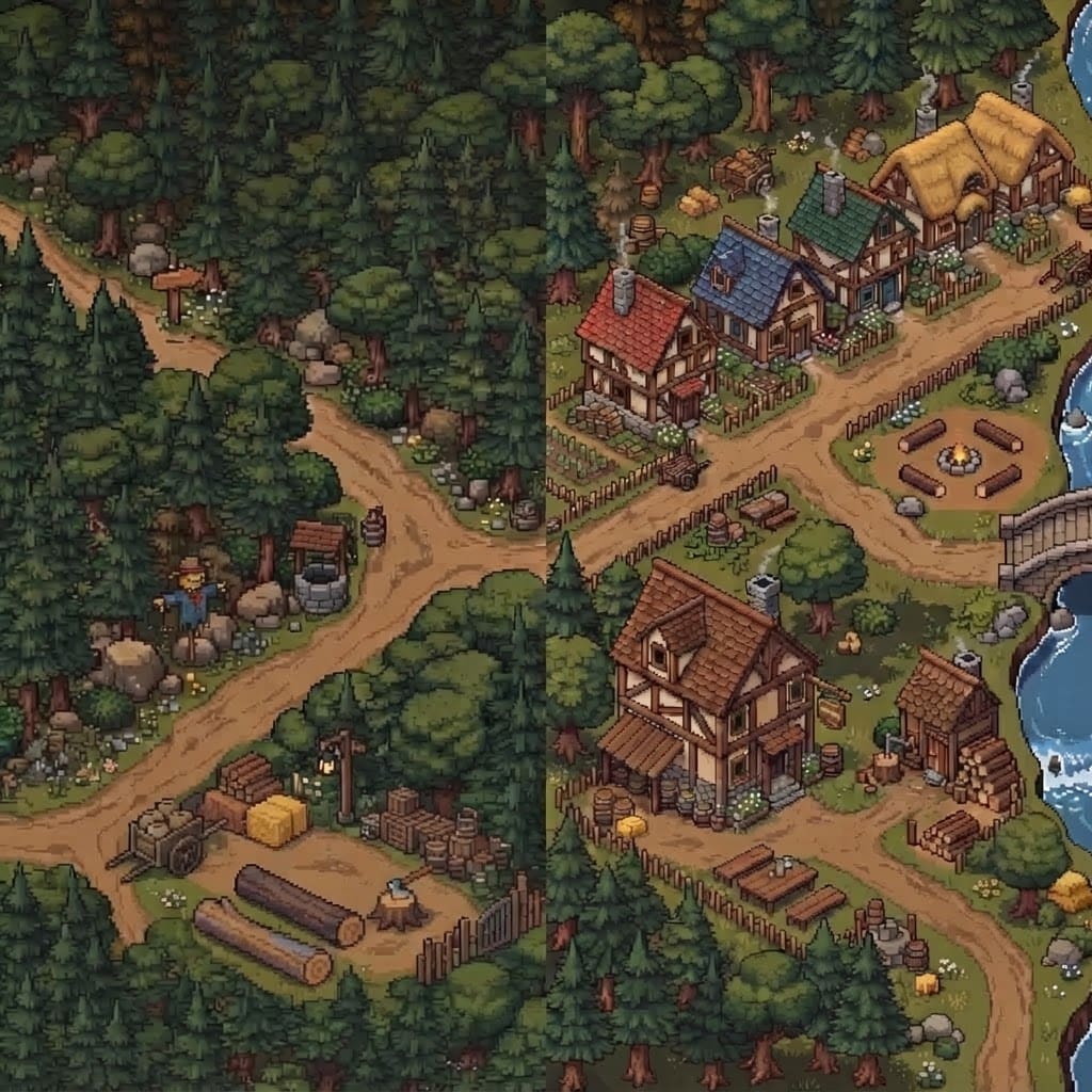 Image: Edit this pixel-art isometric village image. There