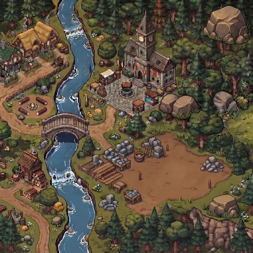 Image: Edit this pixel-art isometric village image. Keep