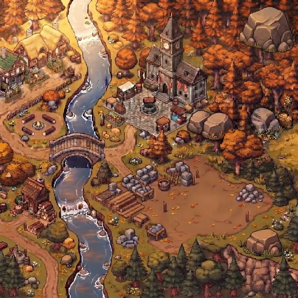 Image: Edit this pixel-art isometric village image into A