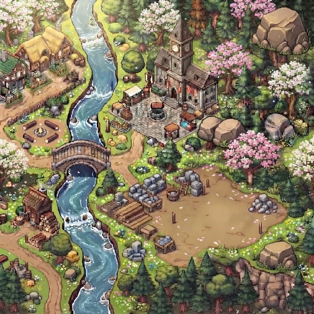 Image: Edit this pixel-art isometric village image into S