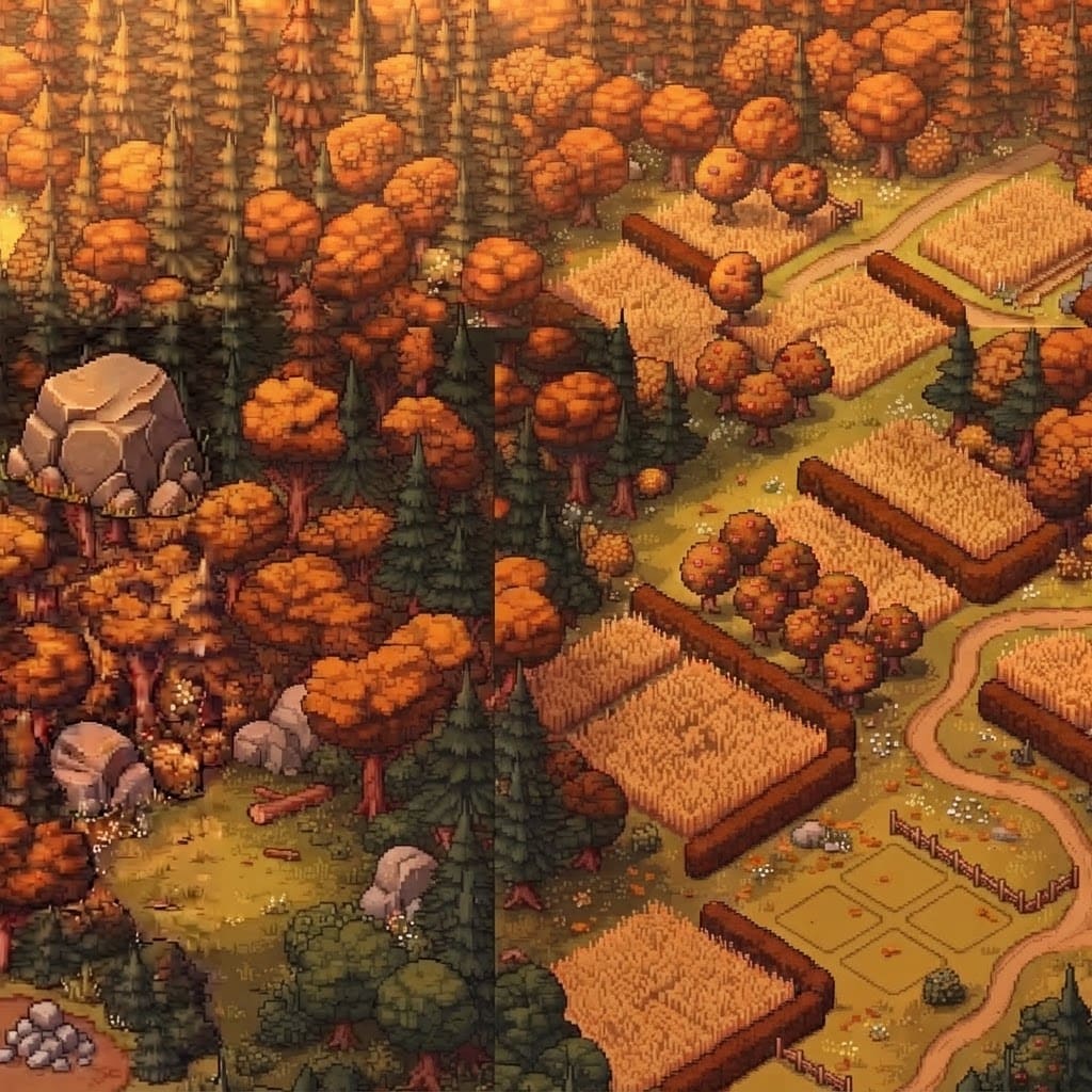 Image: Edit this pixel-art isometric village image into A