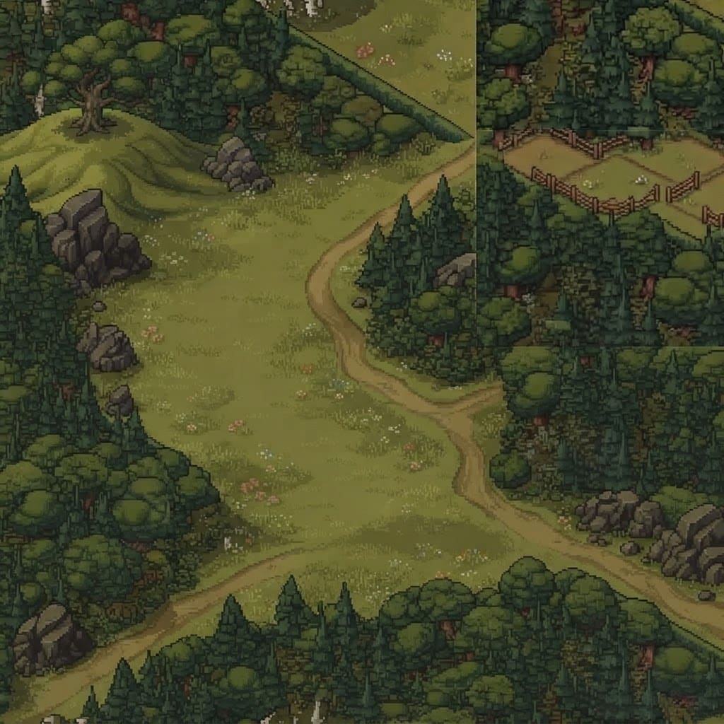 Image: This pixel-art isometric landscape has large flat