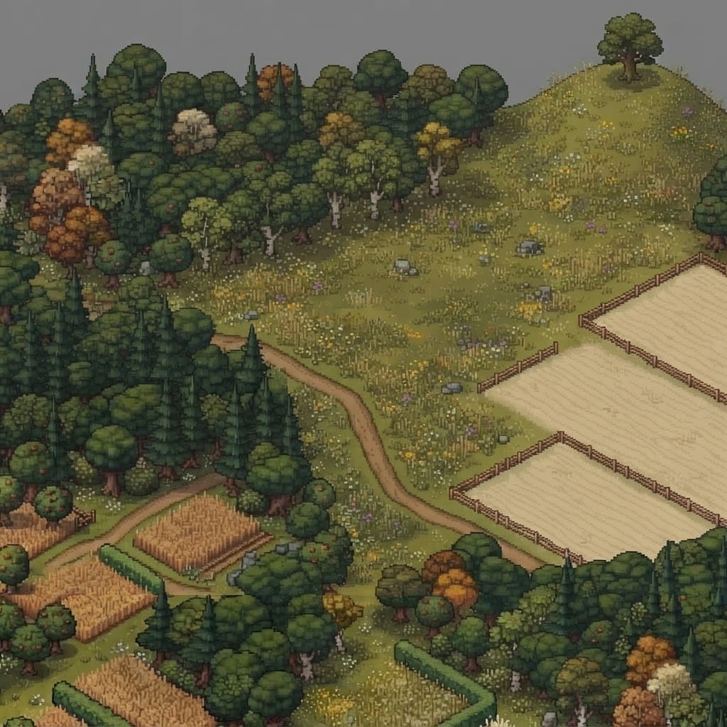 Image: This pixel-art isometric landscape has flat grey (